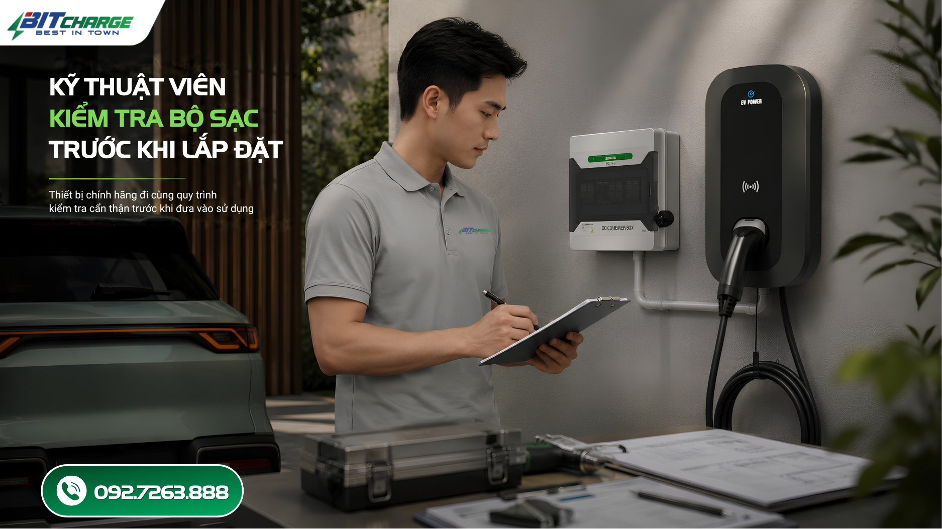 kỹ thuật viên kiểm tra bộ sạc trước khi lắp đặt
